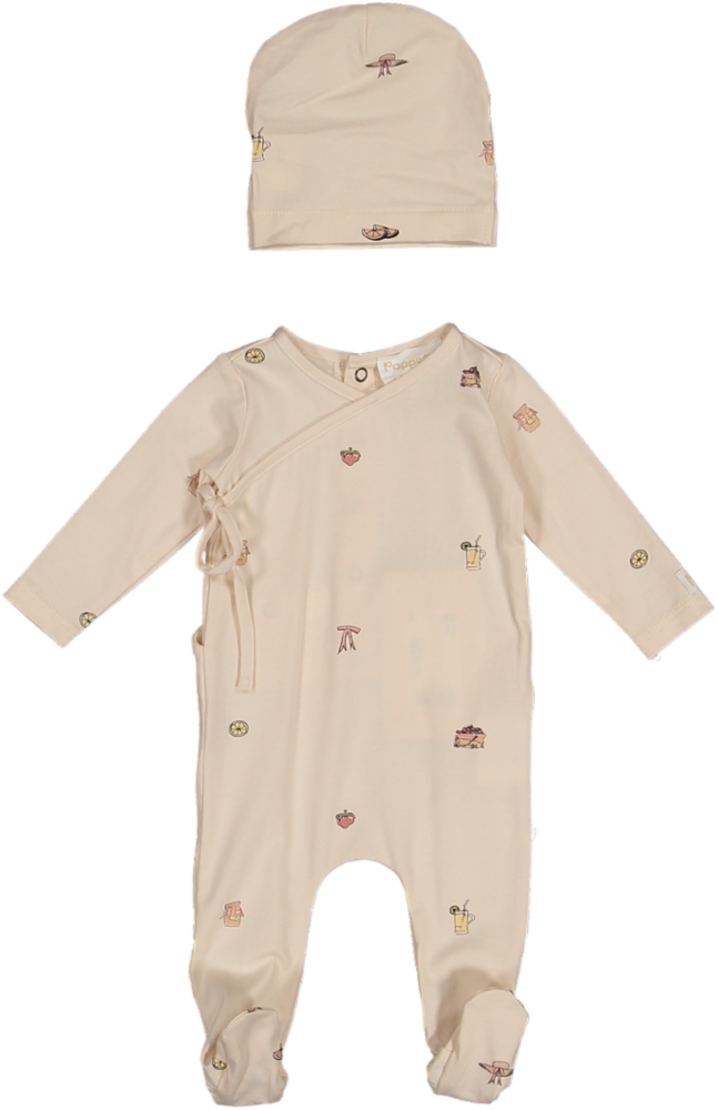 Picnic Footie/BEANIE SET-Natural/Pink Print