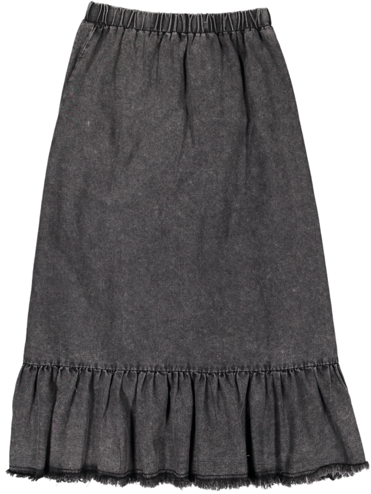 20-213A-Structure Denim Maxi Ruffle Skirt-Black