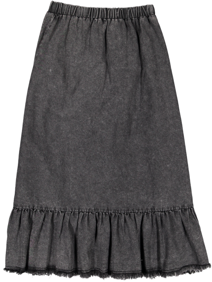 20-213A-Structure Denim Maxi Ruffle Skirt-Black